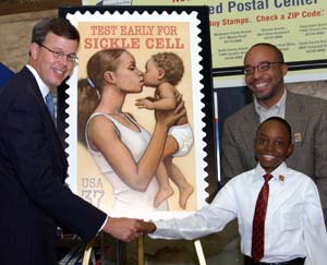 (From left) Sen. Jim Talent, Michael R. DeBaun, M.D., and Isaac Singleton Jr. help raise awareness about sickle cell disease at the Sickle Cell Disease Awareness Stamp Dedication ceremony recently held at the Saint Louis Main Post Office. The commemorative postage stamp aims to help educate the public about the disease and to encourage early testing.