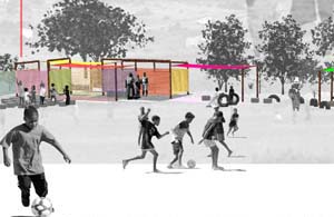 A detail from Jeffrey Laboskey and Matthew White's proposed soccer field in the town of Somkhele in KwaZulu-Natal, South Africa. The field, which can accommodate one full-sized game or two smaller games, is bordered by playgrounds and lattice-walled changing areas that also accommodate a mobile health-care unit.