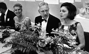 (From left) Lois Eliot, Chancellor Thomas H. Eliot and Mina Harrison, first president of The Women's Society of Washington University, enjoy a banquet in 1965. It was at Thomas Eliot's behest that the Women's Society was formed on the Hilltop Campus after he saw the success of a similar group of women from the soon-to-be-closed School of Nursing.