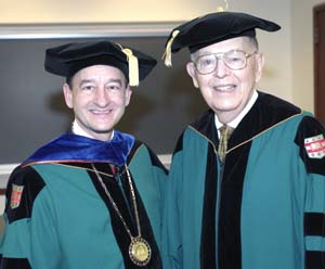 Chancellor Mark S. Wrighton (left) with James E. Stowers Jr., co-chairman of the Stowers Institute for Medical Research in Kansas City and founder and current board member of American Century Companies Inc.Stowers received an honorary doctor of science during the Commencement ceremony.
