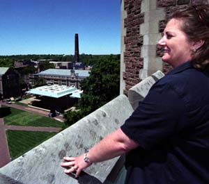 Jim Burmeister's campus tour included a visit to the roof of Brookings Hall.