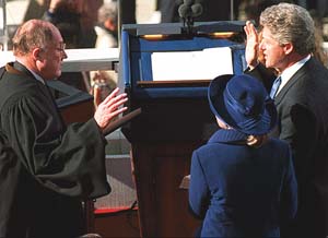 Chief Justice Rehnquist administers the oath of office to President Bill Clinton at the United States Capitol in 1993.