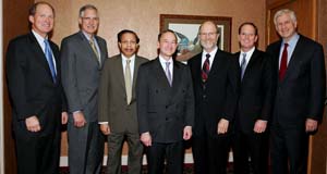 (Left to right) David W. Kemper, chairman, president and CEO of Commerce Bank Shares and chairman of the Washington University Board of Trustees; James V. Wertsch, the Marshall S. Snow Professor in Arts & Sciences at Washington University in St. Louis; Santanu Das, president, CEO and chairman of the board of TranSwitch Corporation and member of the Washington University Board of Trustees; Washington University Chancellor Mark S. Wrighton; John F. McDonnell, vice chairman of the Washington University Board of Trustees; Donald B. McNaughton, senior vice president, international and strategic Ventures, Corning Inc.; and John C. Danforth, former U. S. Ambassador to the United Nations and chair of the McDonnell International Scholars Academy External Advisory Committee, gathered Oct. 19 at the Overseas Press Club in New York City to announce the formation of the McDonnell International Scholars Academy.
