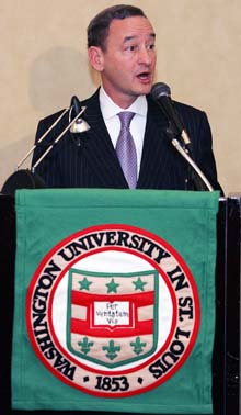 Mark. S. Wrighton, chancellor of Washington University in St. Louis, announces the formation of the McDonnell International Scholars Academy at a news conference Oct. 19, 2005, at the Overseas Press Club in New York City. 