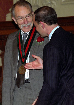 Chancellor Mark S. Wrighton (right) congratulates Robert E. Hegel, Ph.D., at his installation ceremony as the first Liselotte Dieckmann Professor in Comparative Literature in Arts & Sciences Feb. 2 in Holmes Lounge. The professorship is a gift of the late William H. Matheson, Ph.D., a professor of comparative literature and a member of the Committee on Comparative Literature in Arts & Sciences, who retired from teaching in 1996 after 25 years at the University.
