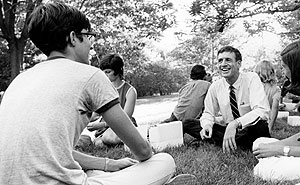 Chancellor William H. Danforth, M.D., enjoys time with university students.