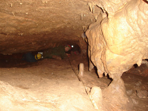 Robert  Osburn (yellow helmet, recording and  sketching) and WUSTL graduate student Jenny Lippmann (measuring and doing compass readings) conducting the  cave survey in a small passage of 23 degree cave in Crawford County, Missouri.