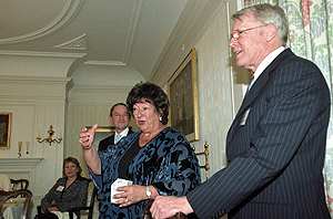 Nancy and Kenneth Kranzberg accept the eighth annual Jane and Whitney Harris St. Louis Community Service Award Feb. 20 at Harbison House while Chancellor Mark S. Wrighton looks on.