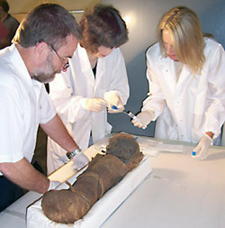 (Left to right) Researchers Charles Hildebolt, Li Cao and Anne Bowcock take core samples from the mummy for DNA testing.