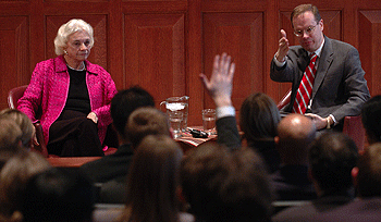 Kent D. Syverud, J.D., looks to the audience to take a question for former U.S. Supreme Court Justice Sandra Day O'Connor, who visited the Danforth Campus in February at Syverud's request. Syverud was one of O'Connor's first clerks when she reached the bench.