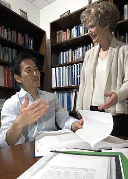 Ryotaro Kato, M.D., talks with Rebecca Dresser, J.D., the Daniel Noyes Kirby Professor of Law and professor of ethics in medicine. A native of Japan, Kato completed a residency at Barnes-Jewish Hospital, then entered the School of Law to pursue a career with international qualities that encompasses his interests in medicine and bioethics.