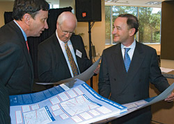 (From L-R) Richard Gelberman, M.D., Chairman of the Department of Orthopedic Surgery, looks over floor plans for the new orthopedic surgery center with Larry J. Shapiro, M.D., Executive Vice Chancellor for Medical Affairs and Dean of the School of Medicine, and WUSTL Chancellor Mark S. Wrighton.