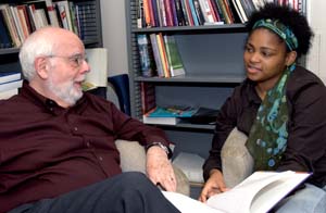 Marquita James discusses the finer points of her Mellon Mays research project with Gerald Izenberg, Ph.D., professor of history in Arts & Sciences - a project, Izenberg says, that has the making of a career and an identity.