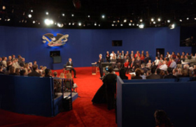 Presidential candidates George W. Bush and John Kerry speak to town hall participants during the Oct. 8, 2004 debate.