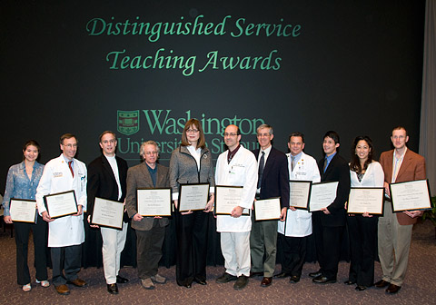 Award winners (from left to right) Cynthia Montana, Dr. Gregory Storch, Dr. Berry Sleckman, Dr. Paul Bridgman, Dr. Erica Crouch, Dr. Arie Perry, Dr. David Clifford, Dr. Thomas DeFer, Dr. Steven Cheng, Dr. Gladys Tse, and Dr. Paul Bridgman