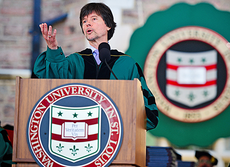 “You have to learn, and then re-teach the rest of us, that equality, real equality, is the hallmark and birthright of all Americans,” Ken Burns said in his address to the Washington University Class of 2015. (Credit: James Byard/WUSTL Photos)