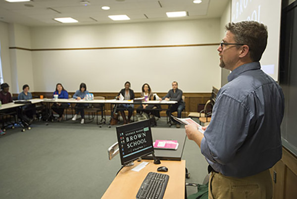 Joseph Steensma, EdD, professor of practice at the Brown School, teaches the school’s social entrepreneurship course. “I’ve tried to make it less theoretical and more about getting these ideas to market,” he said. “And we’ve been quite successful.” (Photo: Joe Angeles)