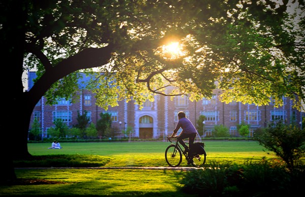 A student rides a bike across campus in the evening.