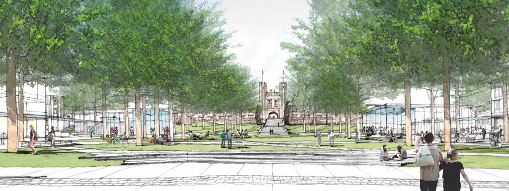 Conceptual View: Brookings Hall flanked by the Welcome Center (left) and the Hub (right) (Michael Vergason Landscape Architects)