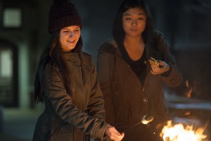 students roast marshmallows over a fire