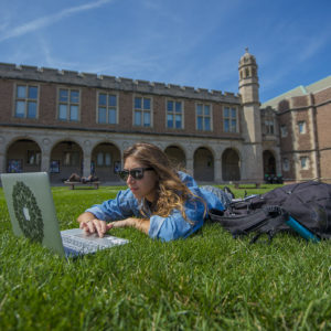 The green, green grass inside Brookings Quadrangle provided a fine outdoor study spot on a warm early spring day March 29, 2016.