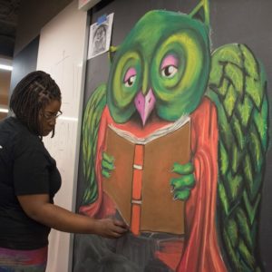 chalk art of owl reading