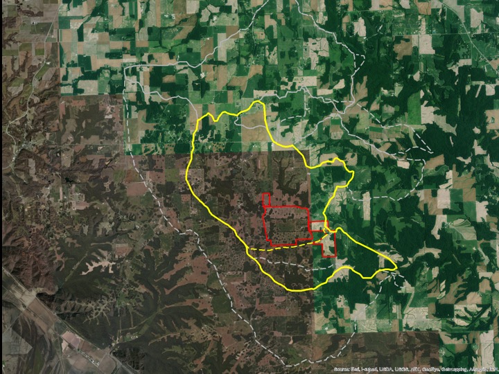 Map of the recharge areas in the sinkhole plain. The farm the Clifftop Alliance bought (larger red square) lies entirely within the Fogelpole recharge area (yellow). The sinkhole plain itself has five main recharge areas (dotted white lines), in each of which the water flows in a different direction. 