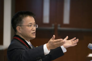Hong Liu was installed as the Fossett Distinguished Professor May 6. (Photo: Sid Hastings/Washington University)