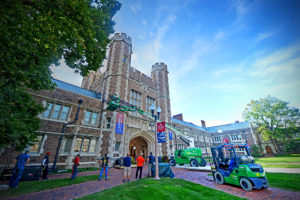 10.06.16 - CNN begins to setup a stage in the Brookings Quadrangle. James Byard/WUSTL Photos