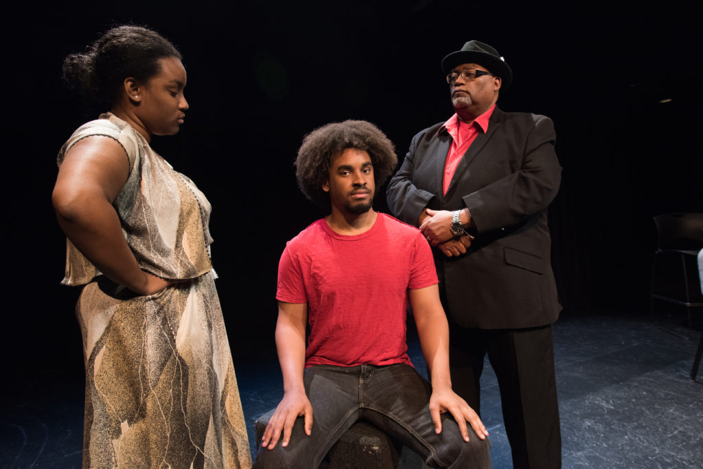 From left to right: Ebby Offord as the mother, David Dwight as the Youth and Charles Glenn as the narrator in the PAD production of “Passing Strange.” (Photo: Carol Green/Washington University.) 