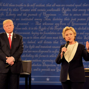 Democratic nominee Hillary Clinton and Republican nominee Donald Trump take questions in a town hall debate at Washington University Sunday, Oct. 9. (Joe Angeles/Washington University)