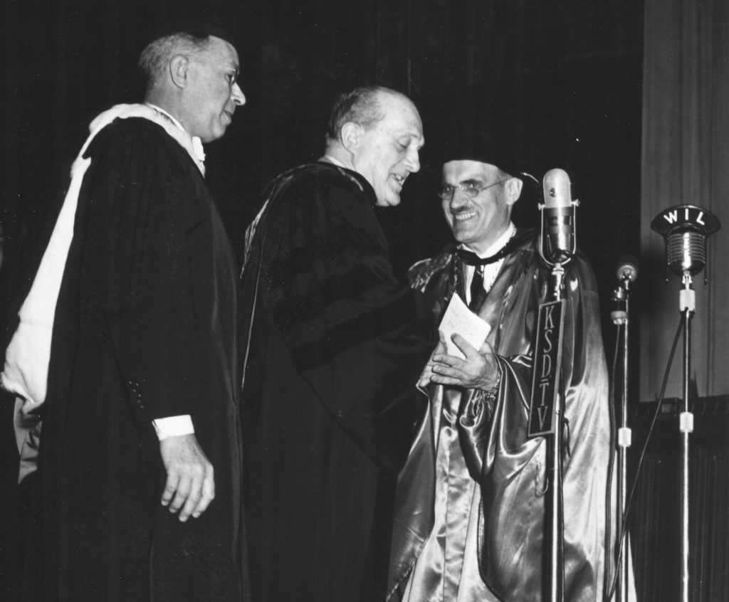 At right: Arthur Holly Compton at Commencement (Washington University Archives)