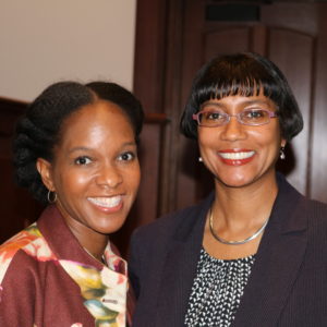 Imani Perry (left), the Hughes-Rogers Professor of African-American Studies at Princeton University, delivered the keynote address for the Chancellor’s Graduate Fellowship 25th anniversary celebration and alumni reunion Friday, Oct. 14, 2016. Here, she meets with Sheri Notaro, director of CGFP and associate dean of the Graduate School. (Photo: Amy Gassel)