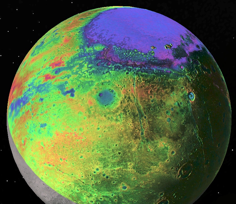 View of Pluto with color-coded topography as measured by NASA's New Horizons spacecraft. Purple and blue are low and yellow and red are high, and the informally named Sputnik Planitia stands out at top as a broad, 1300 km- (800 mile-) wide, 2.5 km- (1.5 mile-) deep elliptical basin, most likely the site of an ancient impact on Pluto. New Horizons data imply that deep beneath this nitrogen-ice filled basin is an ocean of dense, salty, ammonia-rich water. (Photo: P.M. Schenk LPI/JHUAPL/SwRI/NASA) 