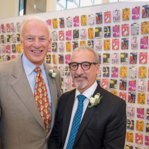 Alumnus Ralph Nagel (left) and his wife, Trish — pictured in the next image — established the Ralph J. Nagel Deanship of the Sam Fox School of Design & Visual Arts. Carmon ­Colangelo (right) was installed as the first Nagel Dean of the Sam Fox School Nov. 18, 2016. (Joe Angeles/Washington University)