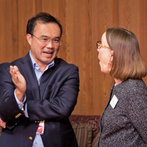 Steve Lim, BS ’89, MBA ’87, chats with Kathy Steiner-Lang, assistant vice chancellor and director of the Office for International Students and Scholars, during the WashU Asian Alumni Network kick-off reception held in April. This new network advocates for issues important to the Asian and Asian-American WashU community. (Photo: Jerry Naunheim)