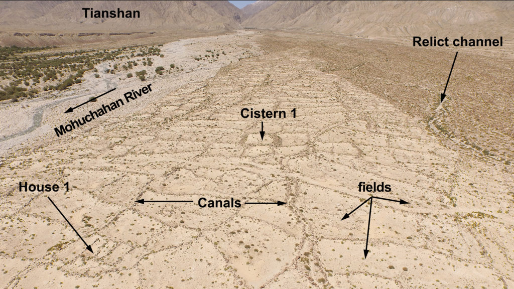 Aerial view of an ancient irrigation system discovered in the desert foothills of Xinjiang, China.