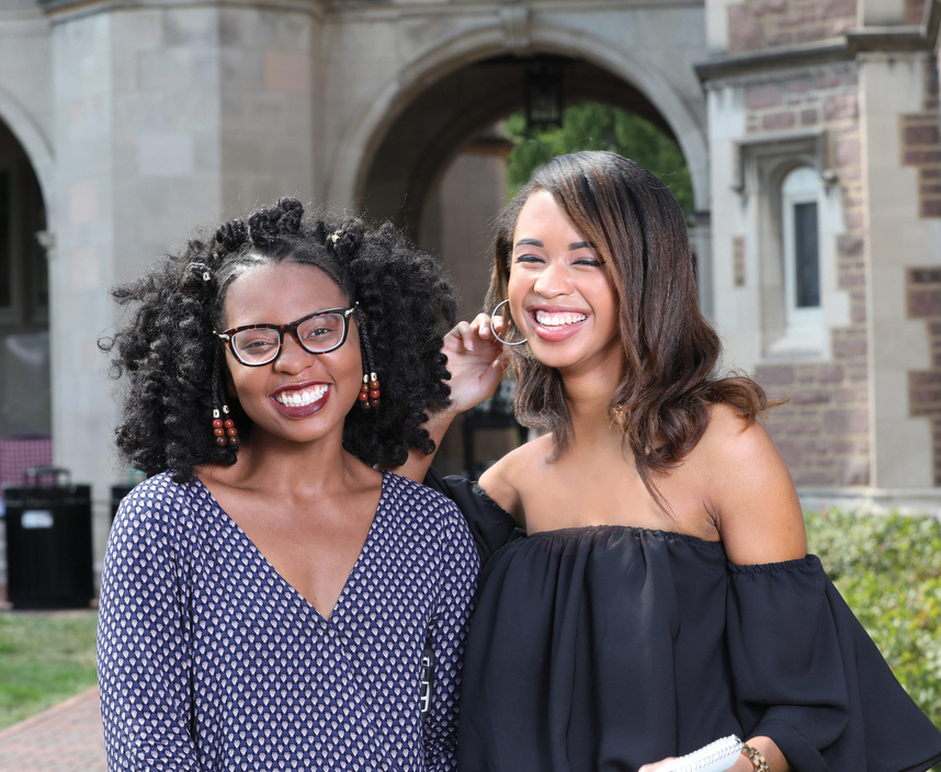 Celebrating the Ervin Scholars Program’s 30th anniversary, alumni and current scholars — such as juniors Le’Aysha Pearson (left) and Tyler James — participated in an ­Assembly Series panel discussion, a picnic in the Quad, a recognition dinner and more. (­Joe Angeles/WUSTL Photo)