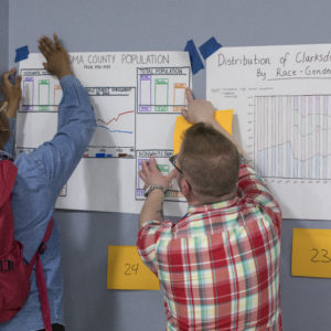 Students in Professor David Cunningham’s “Introduction to Research Methods,” with Joseph Anthony serving as assistant, created hand-drawn visual presentations of data associated with historical school desegregation patterns in Mississippi. (Joe Angeles/Washington University)