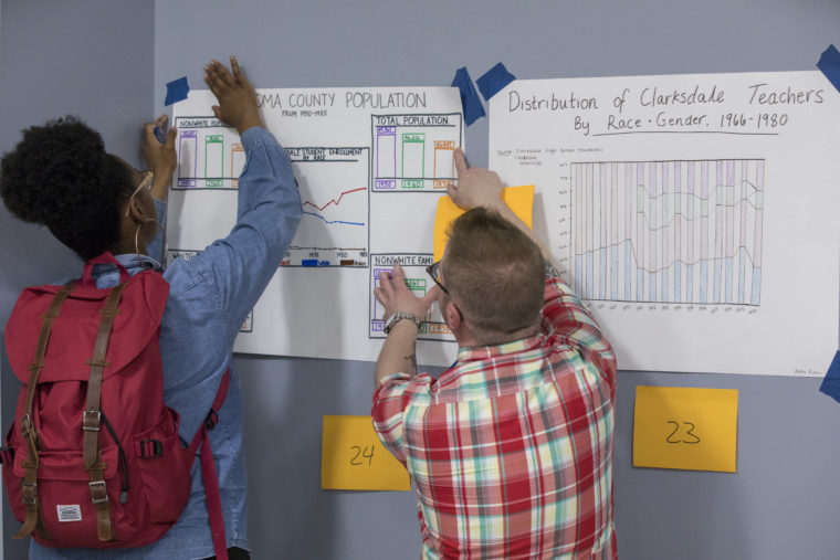 Students in Professor David Cunningham’s “Introduction to Research Methods,” with Joseph Anthony serving as assistant, created hand-drawn visual presentations of data associated with historical school desegregation patterns in Mississippi. (Joe Angeles/Washington University)