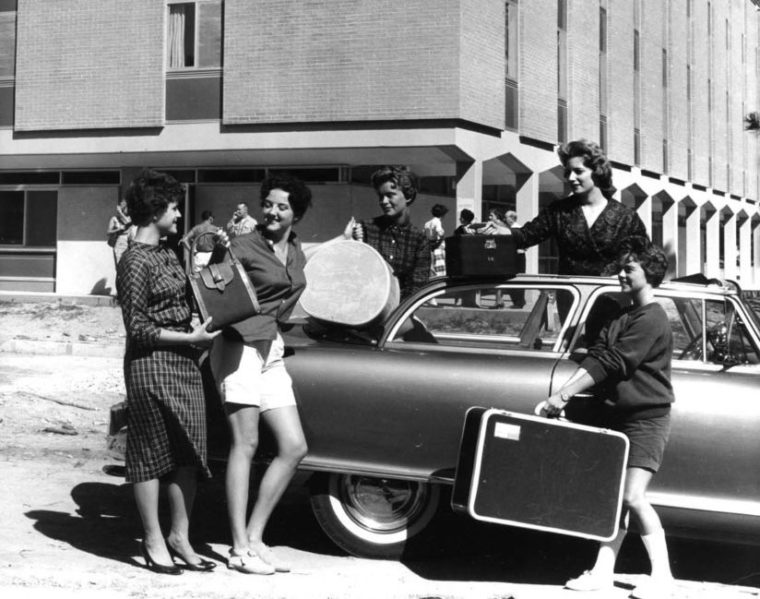 Freshmen women moving onto the South 40 in 1959.