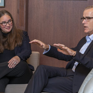 Andrew McCabe chats with law students