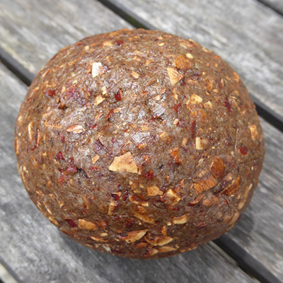 Ku-nu-che ball, three inches in diameter, made from cracked, sifted and pounded hickory nuts, for Cherokee hickory nut soup. Photo by Gayle Fritz