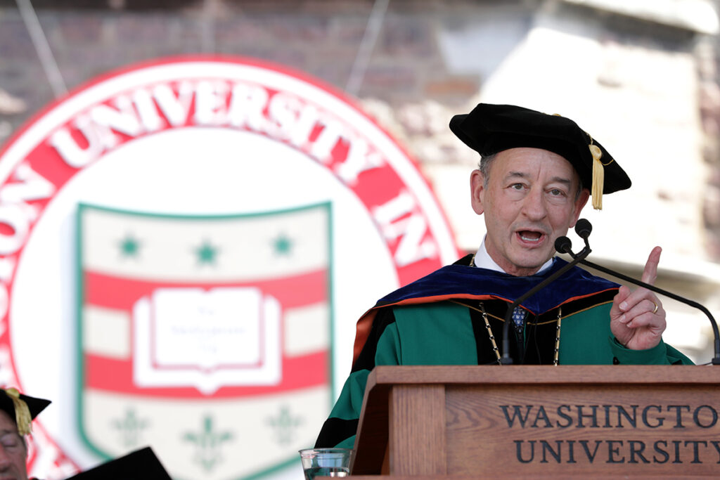 Chancellor Mark S. Wrighton delivers his message to the Class of 2019