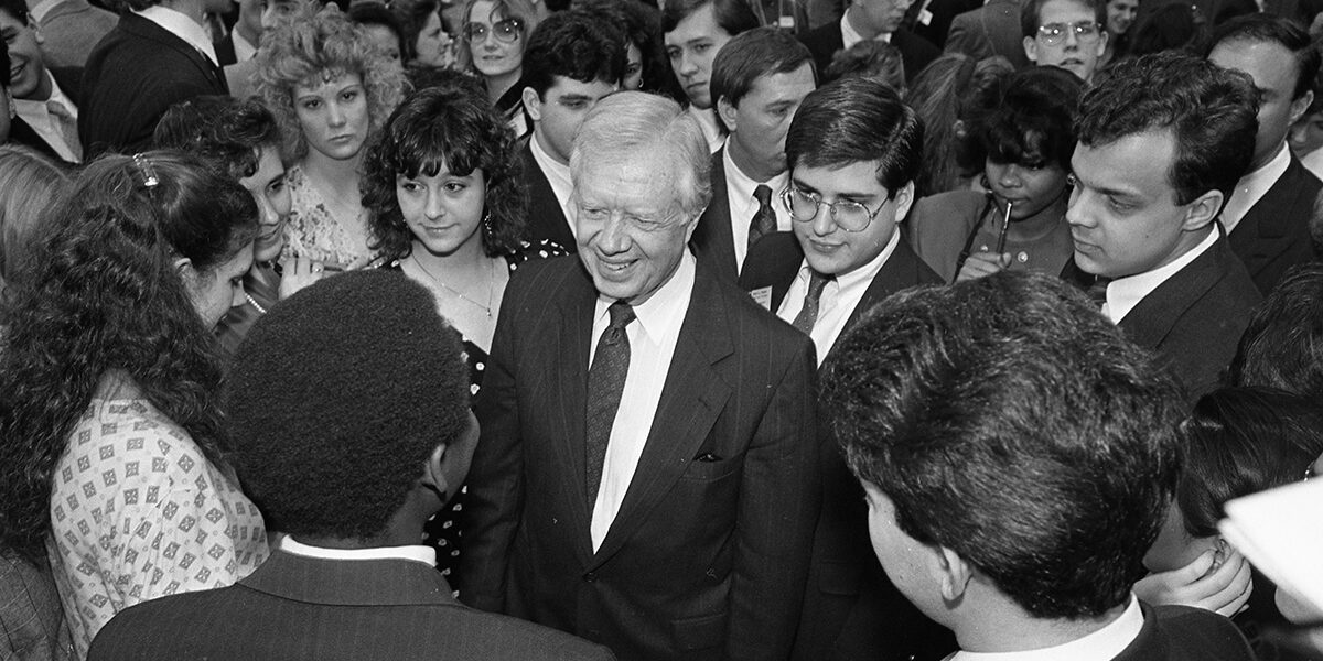 In 1991, former President Jimmy Carter visited campus, where he addressed the opportunities WashU students have to change the world. (Courtesy of Washington University Archives)