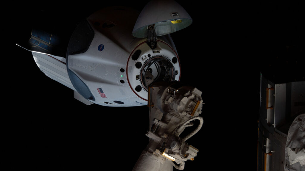 The SpaceX Crew Dragon approaches the International Space Station. (Courtesy of NASA)