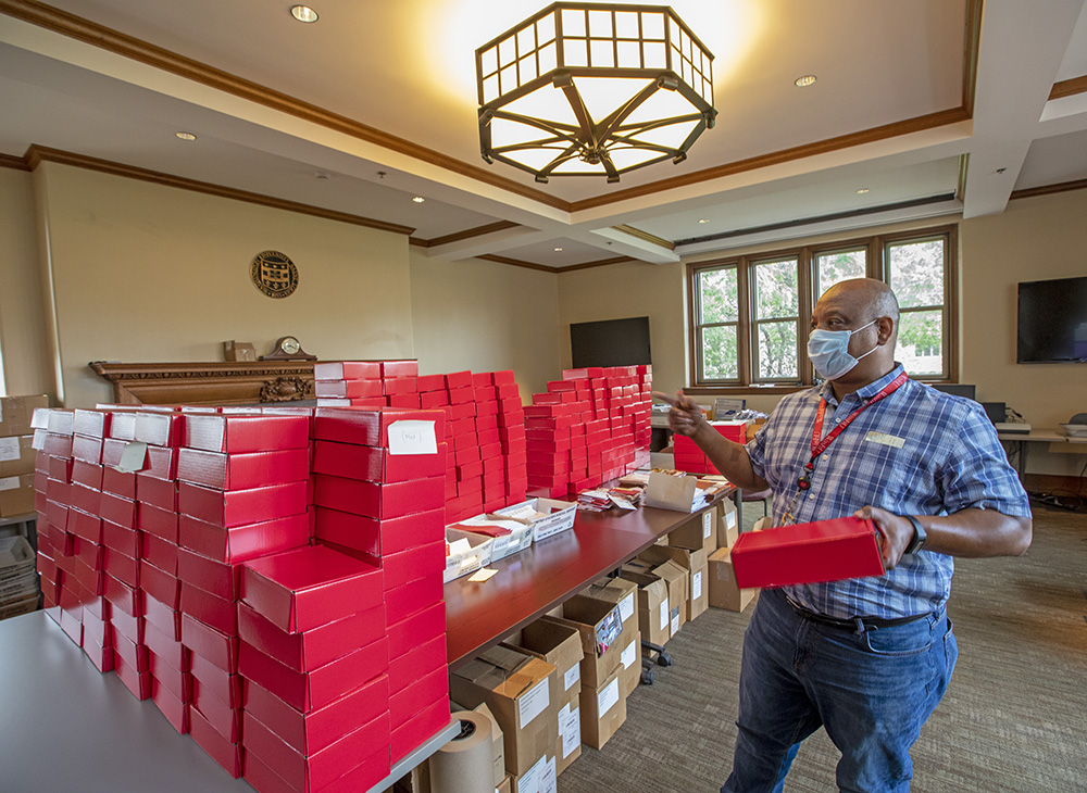 William Hicks, mail services operator in Admissions, prepares for “return to work” on the Danforth Campus in June. (Photo: Joe Angeles/Washington University)