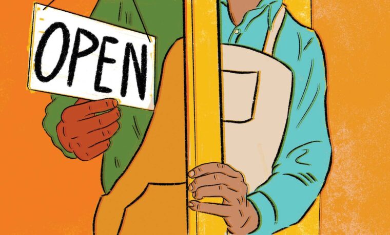 Illustration of a man in an apron flipping an open sign