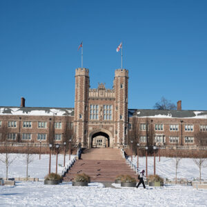 snow surrounds Brookings Hall