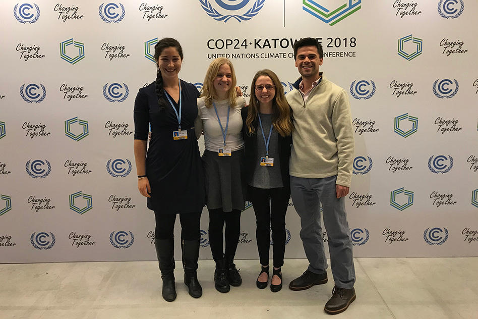 WashU students take part in the 2018 COP24, held in Katowice, Poland. From left: Marissa Lerner, Emma Waltman, Katie Balfany (now Mangum), and Noah Adelstein (Photo: Beth Martin)